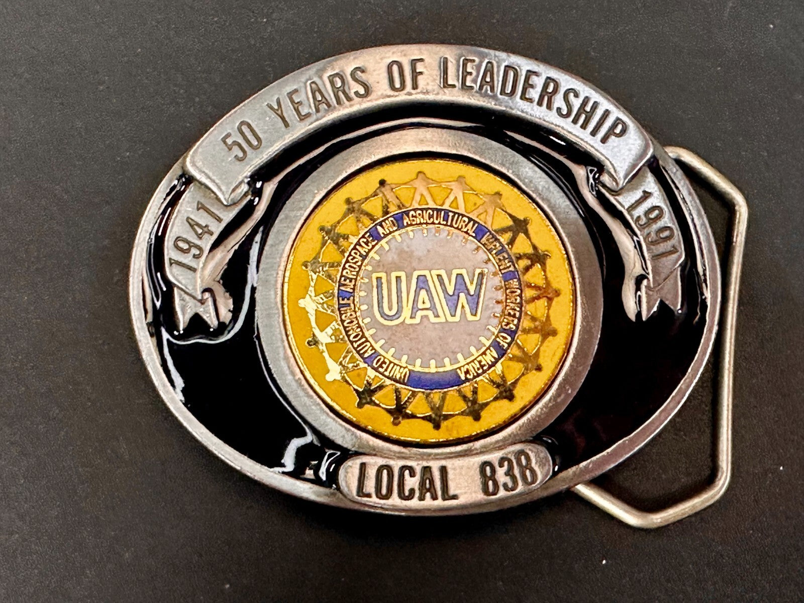 AUW United Auto Workers Local 838 50 Years of Leadership 1941-1991 Belt Buckle