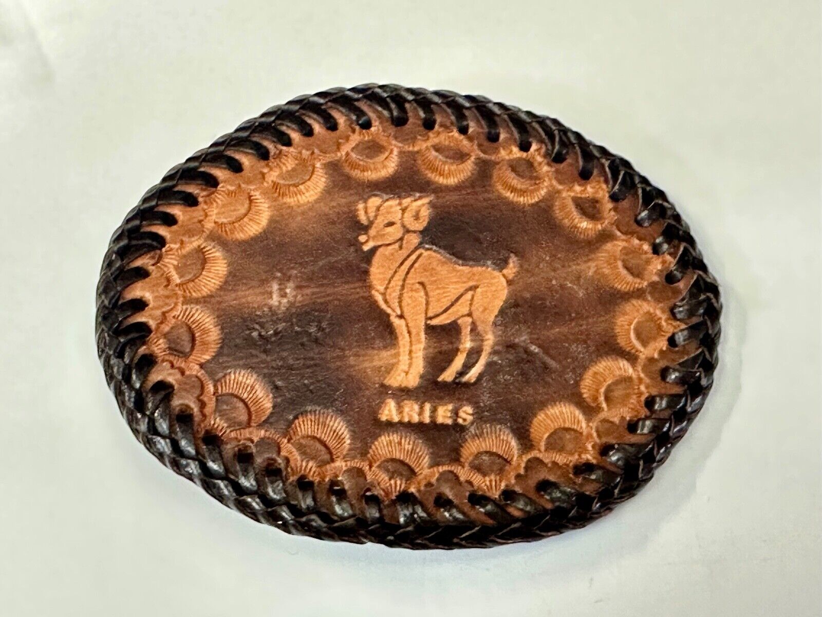 Aries Leather Oval Astrology Belt Buckle Vintage Hand Stitched Tooled Ram Horns
