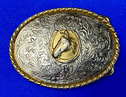 Vintage horse head inside of lucky horseshoe two toned western belt buckle