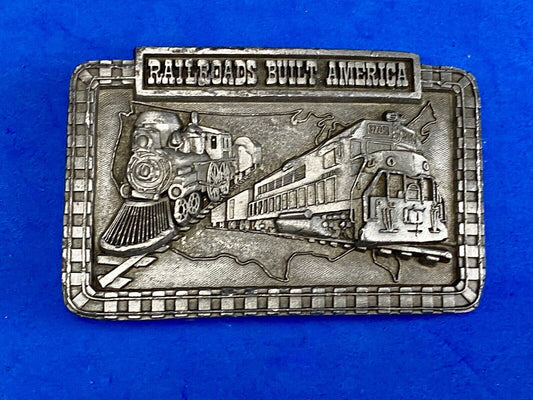 Vintage 1987 Railroads Built America Belt Buckle, RR Train Steam Engine 