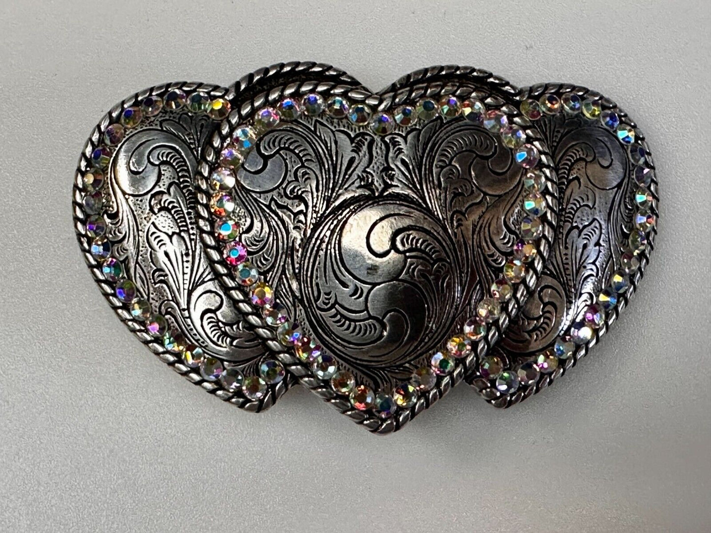 Triple / 3 Hearts - Rhinestone accented Silver tone cutout western Belt Buckle
