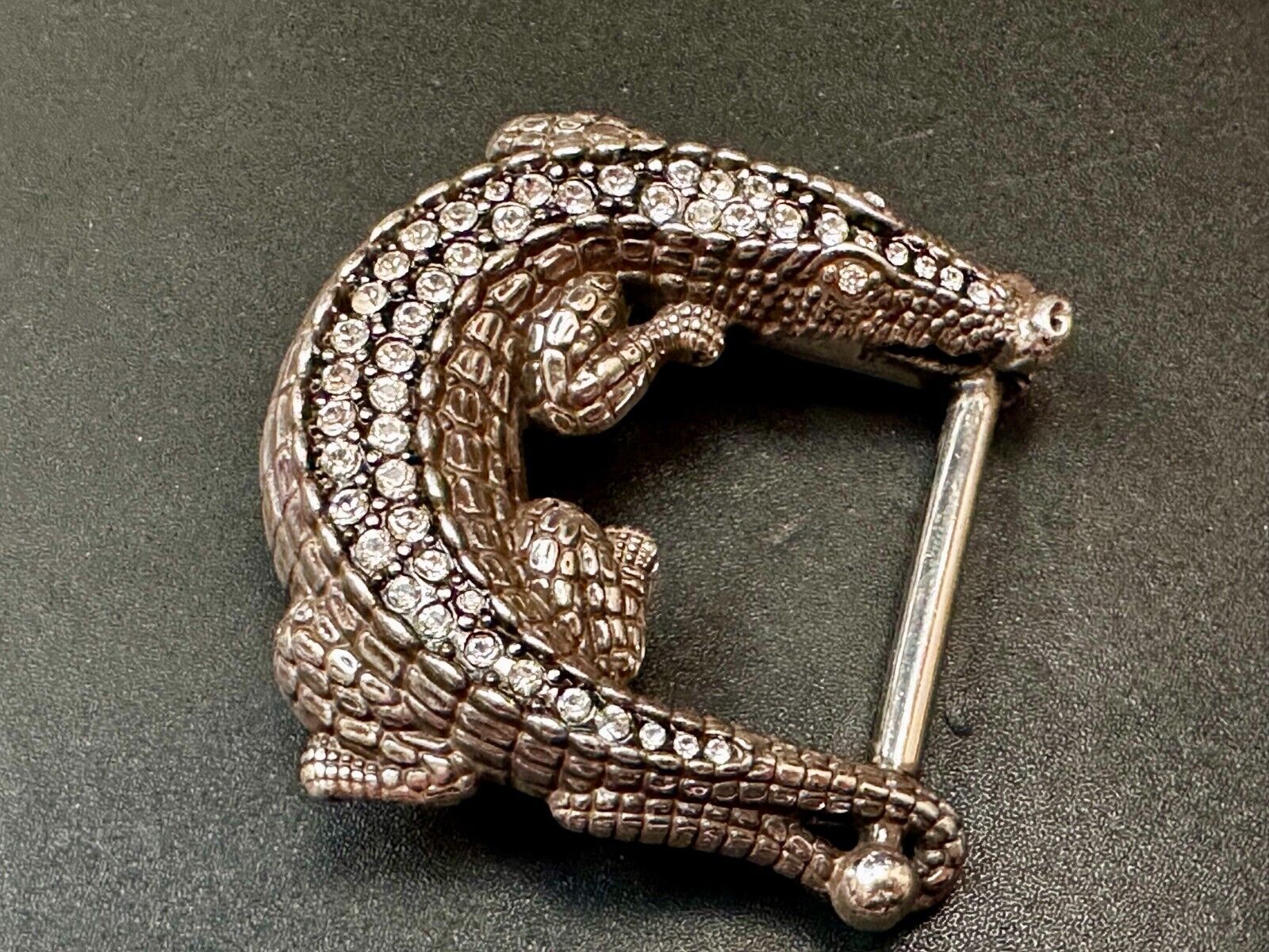 Alligator Crocodile with Rhinestone Figural Cutout Silver Tone Cord Belt Buckle