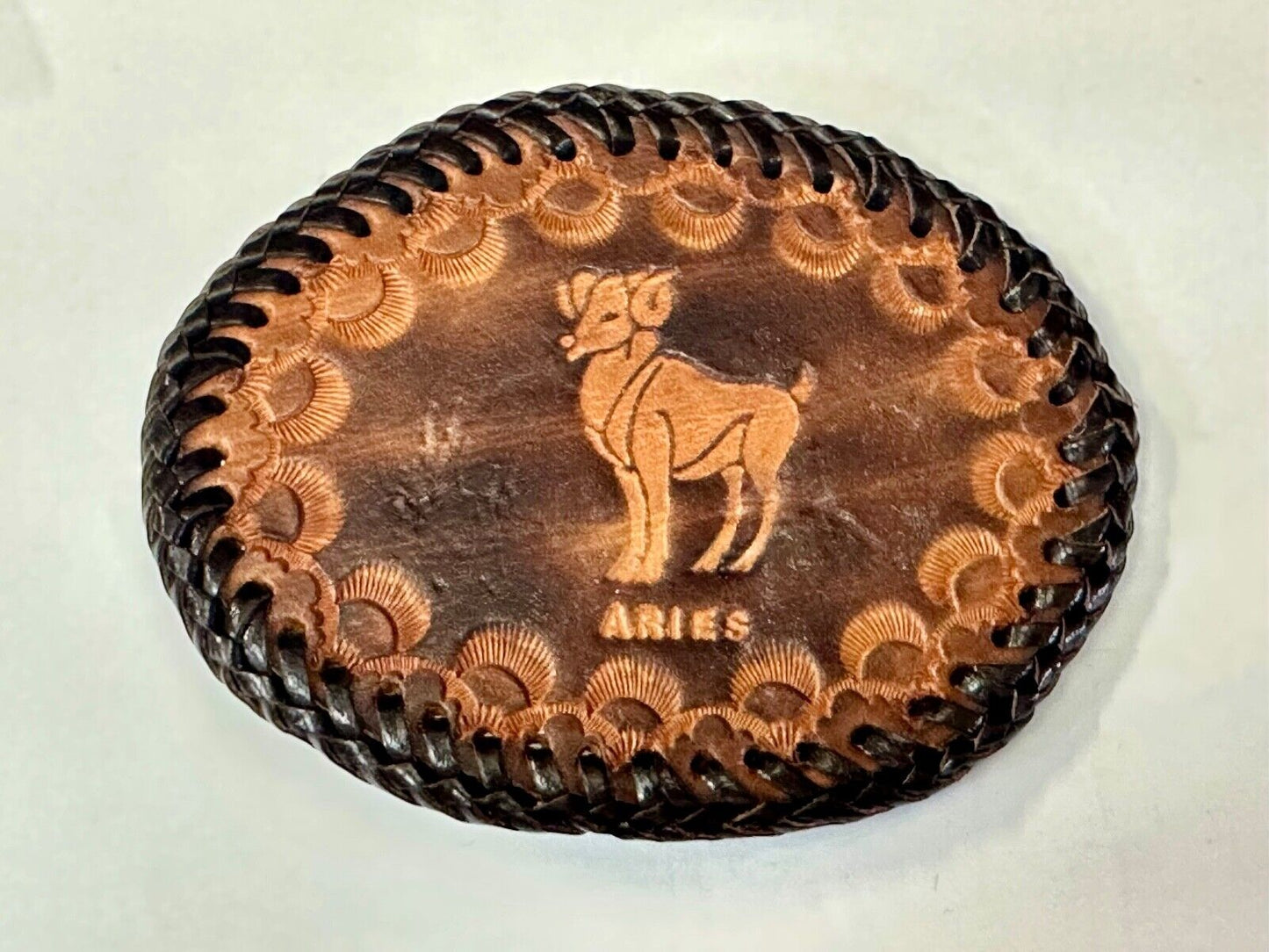 Aries Leather Oval Astrology Belt Buckle Vintage Hand Stitched Tooled Ram Horns
