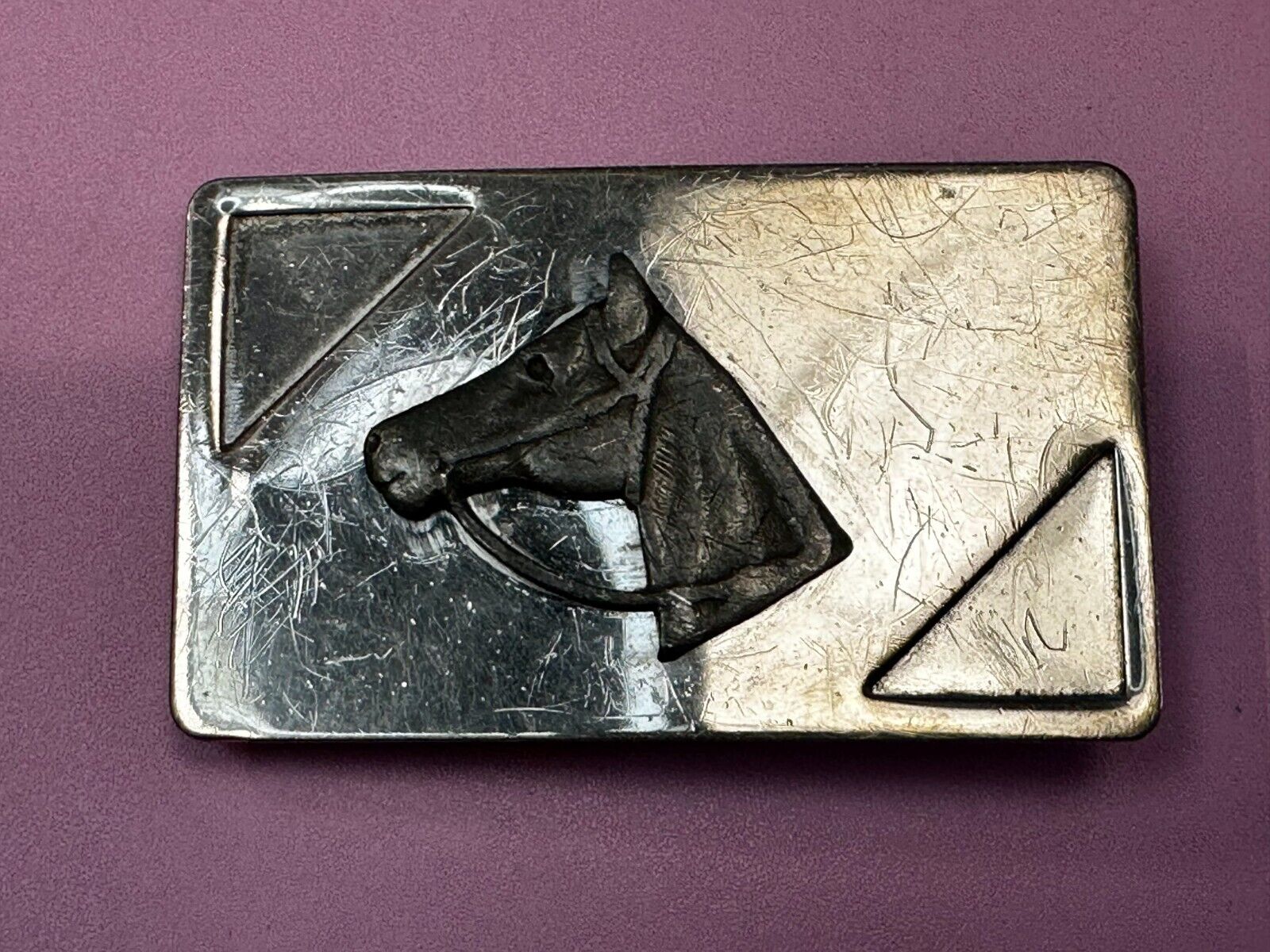 Vintage Horse Head on Nickel Silver Rectangular Belt Buckle