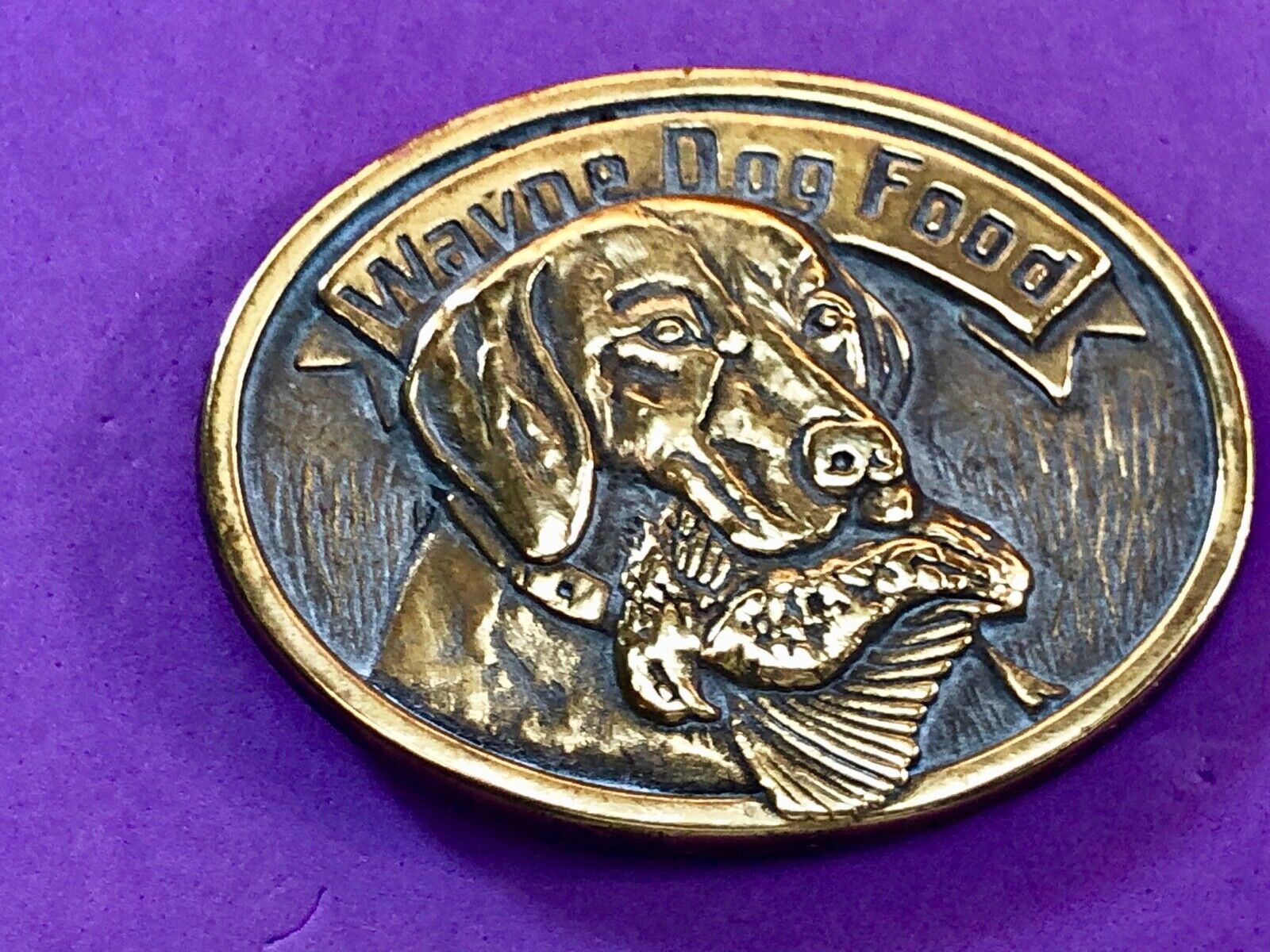 1980's Wayne Dog Food Belt Buckle Lab Bird Hunting Dog 50th Anniversary