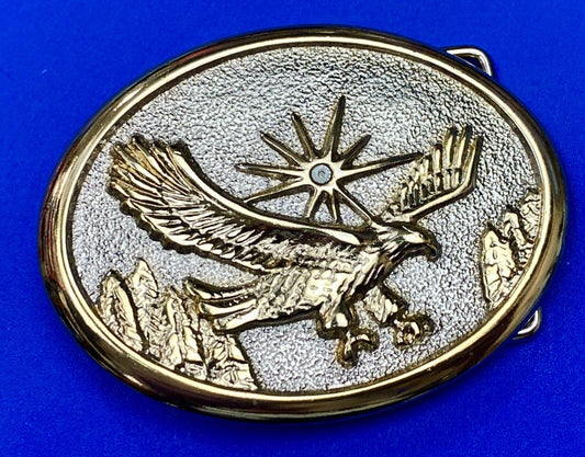 Vintage Eagle Flying Over Mountains W/ Sunburst two tone oval belt buckle