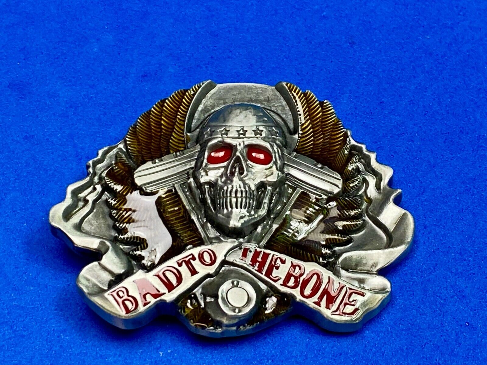 Bad to the bone - Red eyes Bikers Motorcycle Riders skull and wings belt buckle