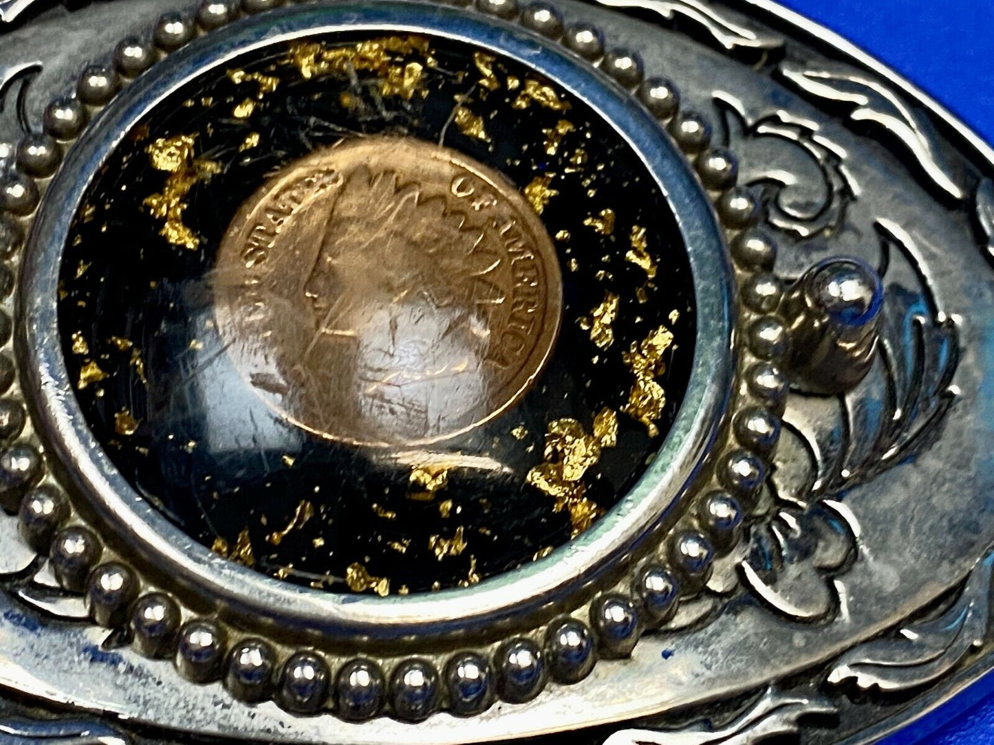 1887 Indian Head Penny Enclosed In Ornate Western Oval Belt Buckle