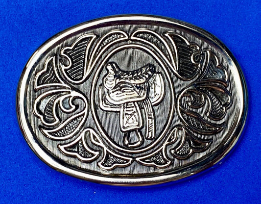 VINTAGE 1970s AVON **WESTERN HORSE SADDLE** OVAL SILVERTONE BELT BUCKLE