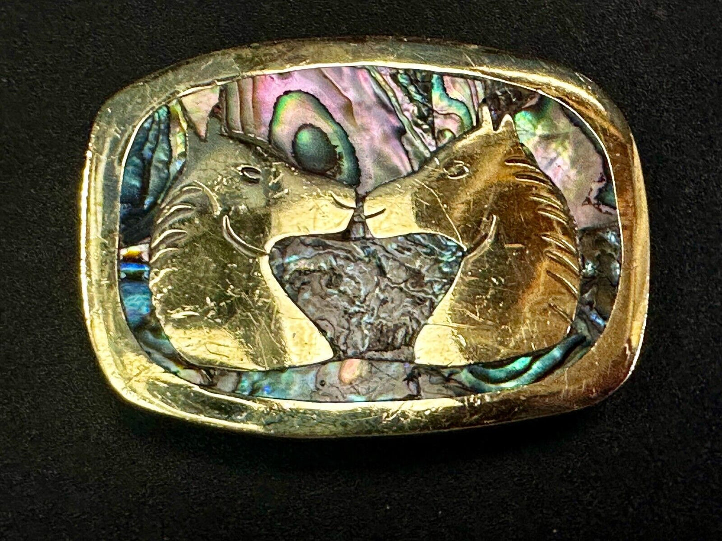 Two Horses Vintage Inlaid Alabone Shell Small Mexico Stamped Belt Buckle