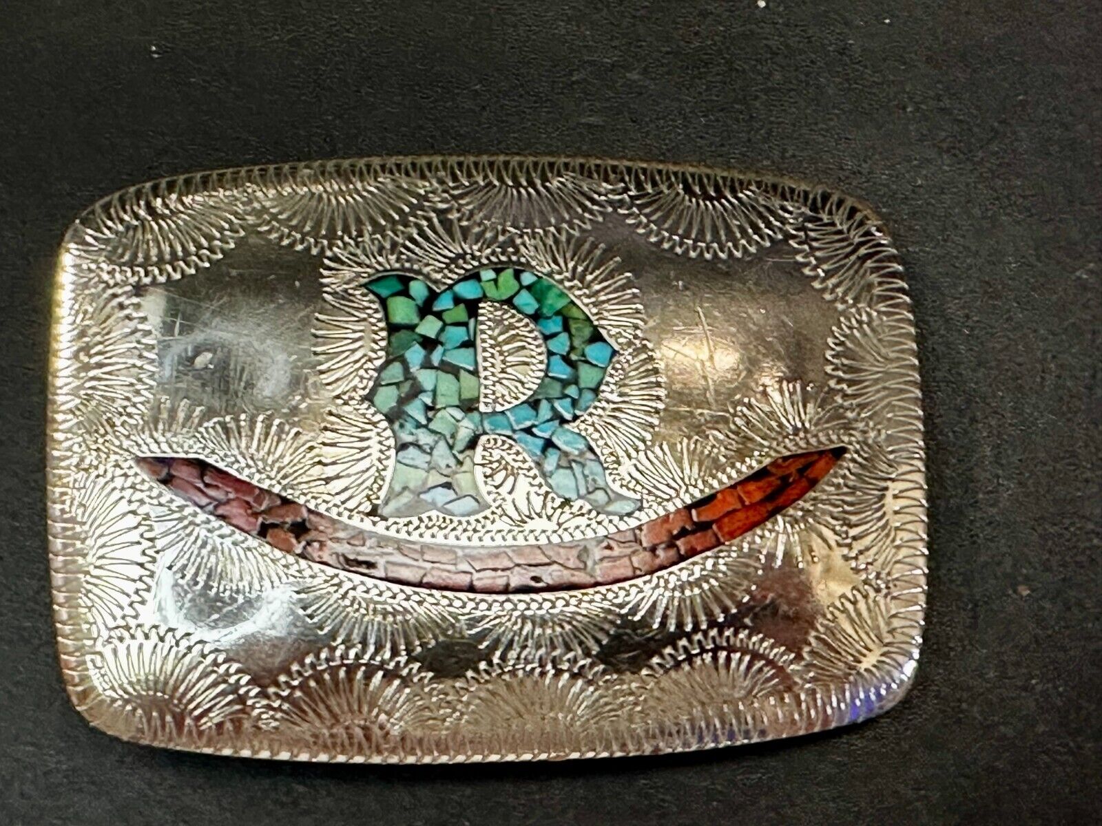 Turquoise & Coral Inlaid Native American Belt Buckle SSH Custom Initial Letter R