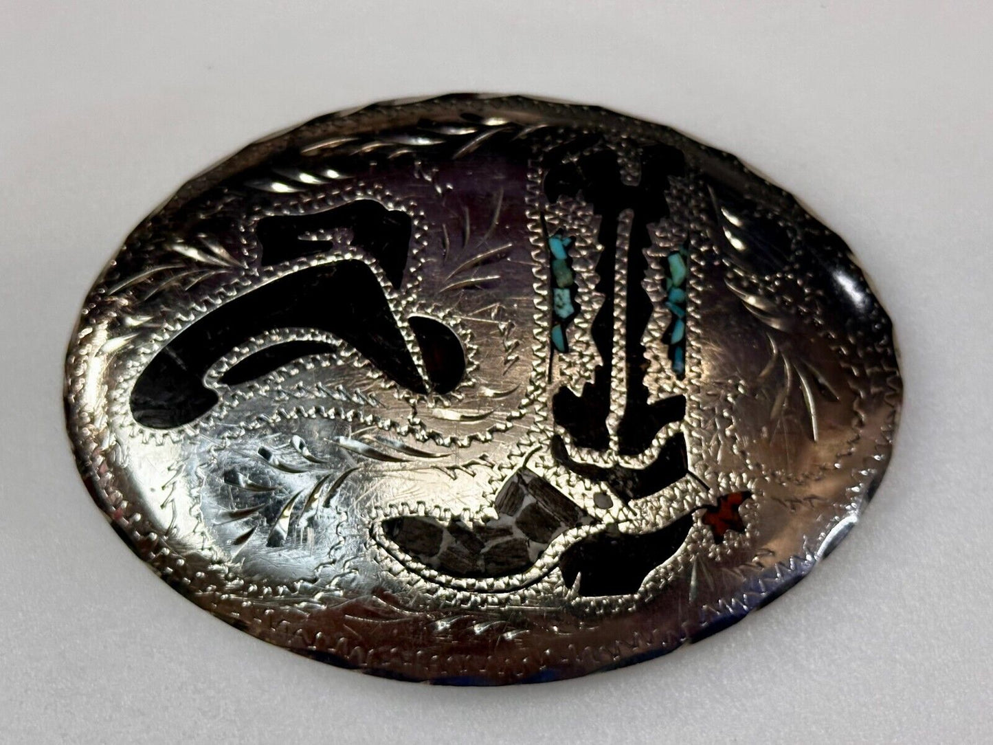 Turquoise & Coral Inlay Western Cowboy Hat Boots Large Native? Art Belt Buckle
