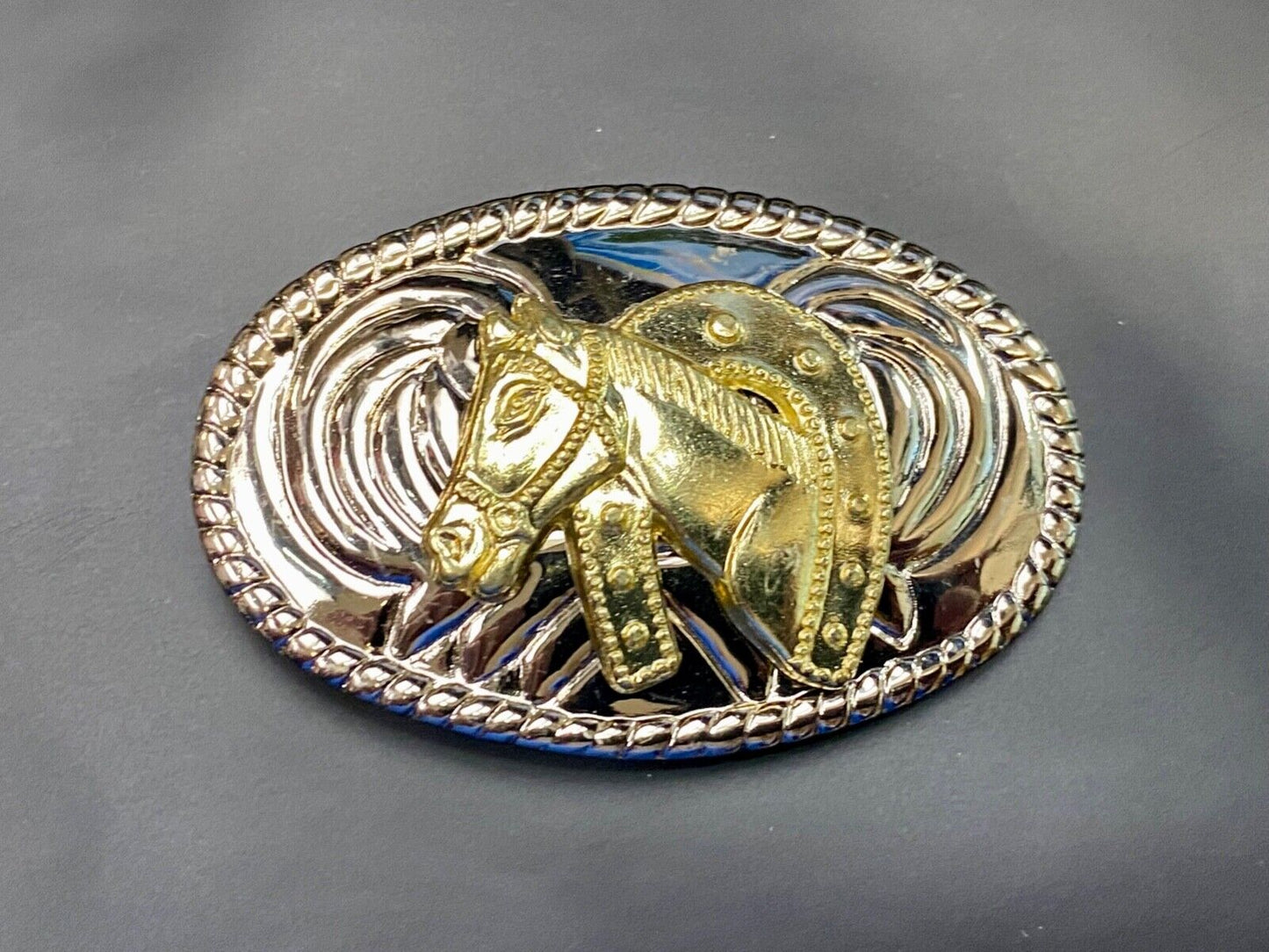 Vintage horse head through lucky horseshoe mixed metal western small belt buckle