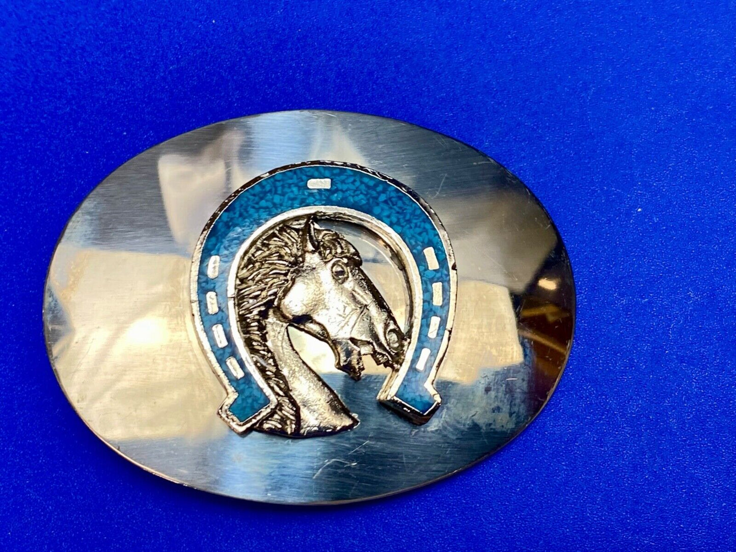 Vintage Horse head in Turquoise chip inlaid Horseshoe reflective belt buckle