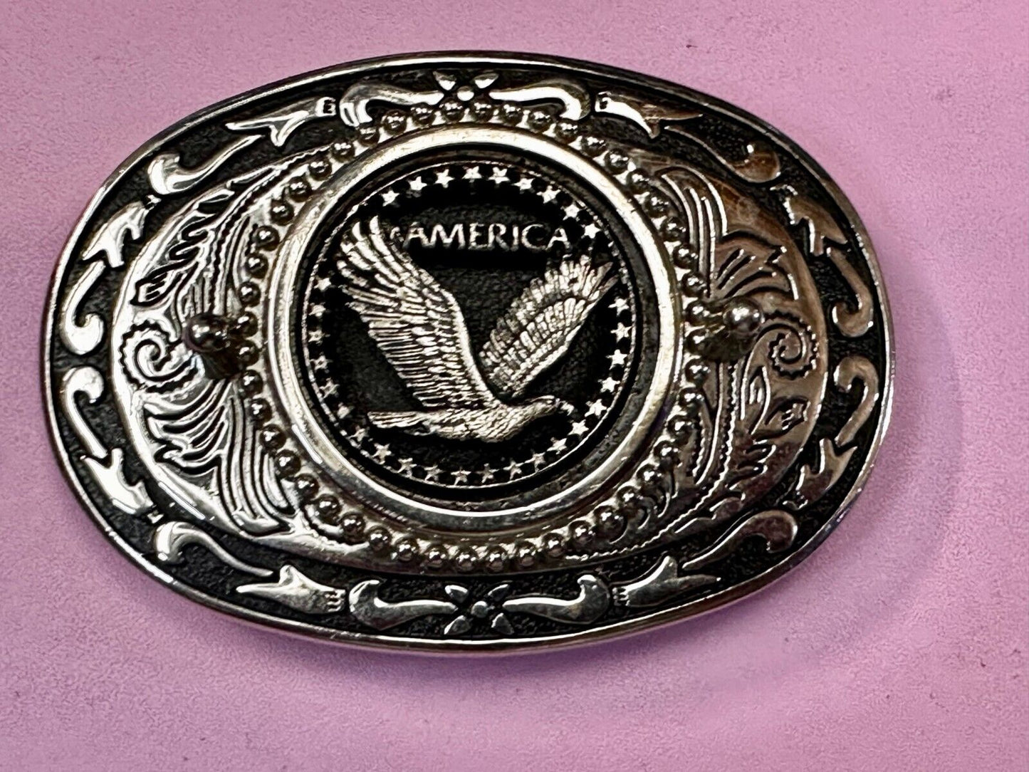 American Patriotic Bald Eagle Centered Flower Swirl Western Vintage Belt Buckle