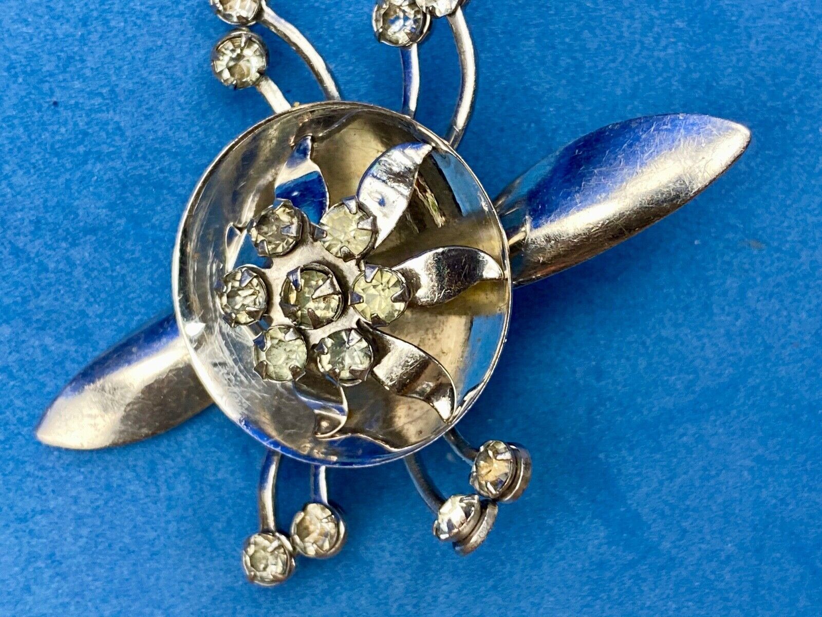 Unique Vintage Flower Brooch Lapel Pin Silver Tone Rhinestones 