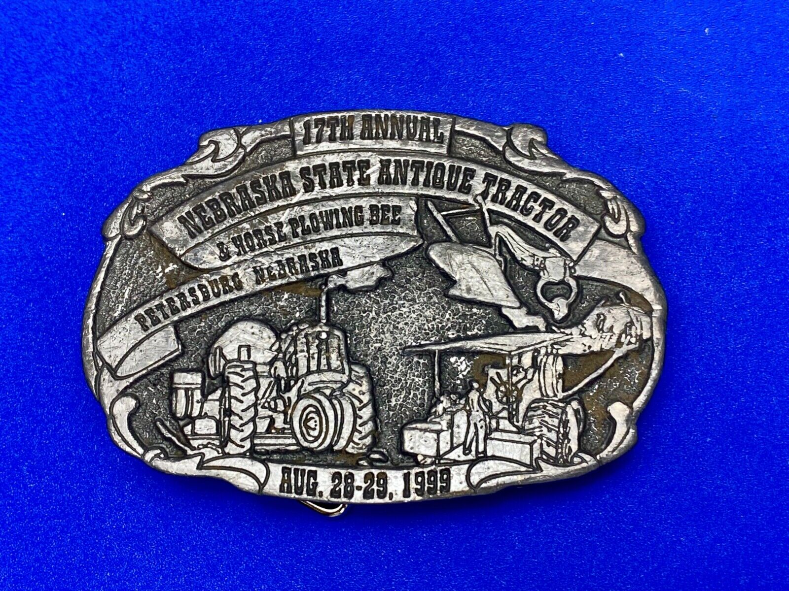 Vintage 1999 Nebraska State Antique Tractor and Horse Plowing Bee belt buckle