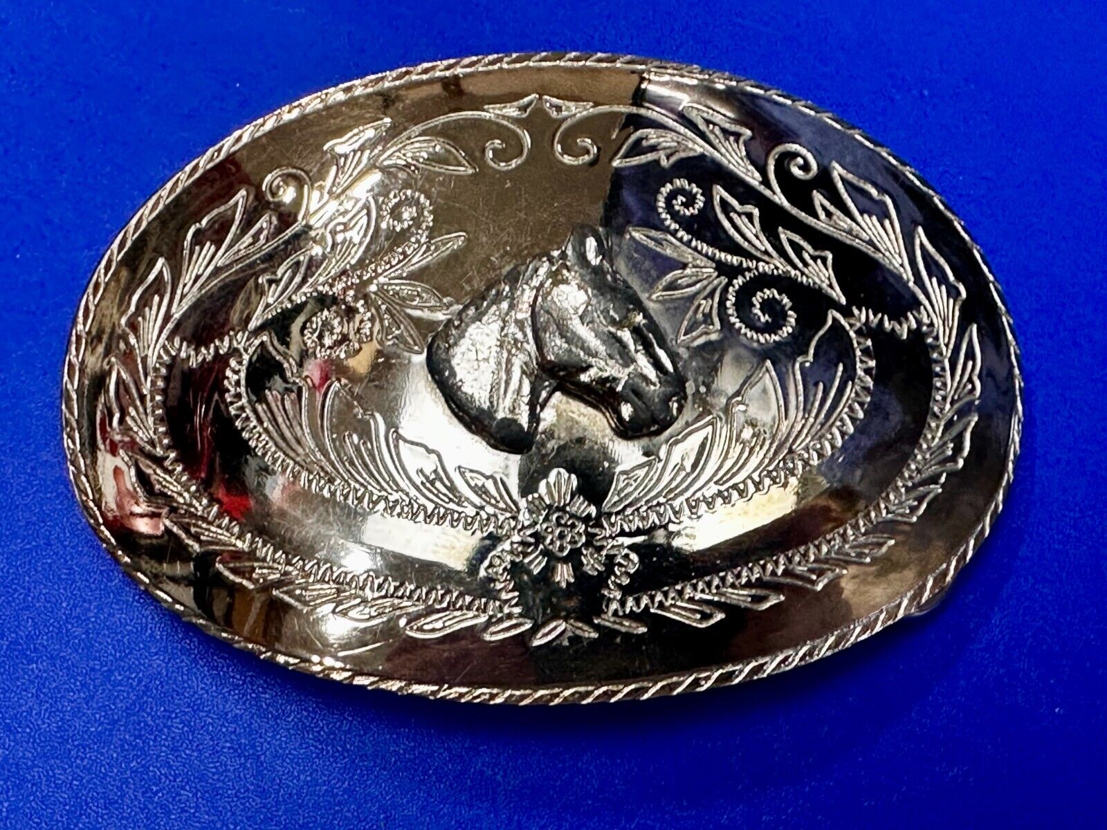 Vintage Horse Head Rodeo Flower Swirl Silver Tone Belt Buckle
