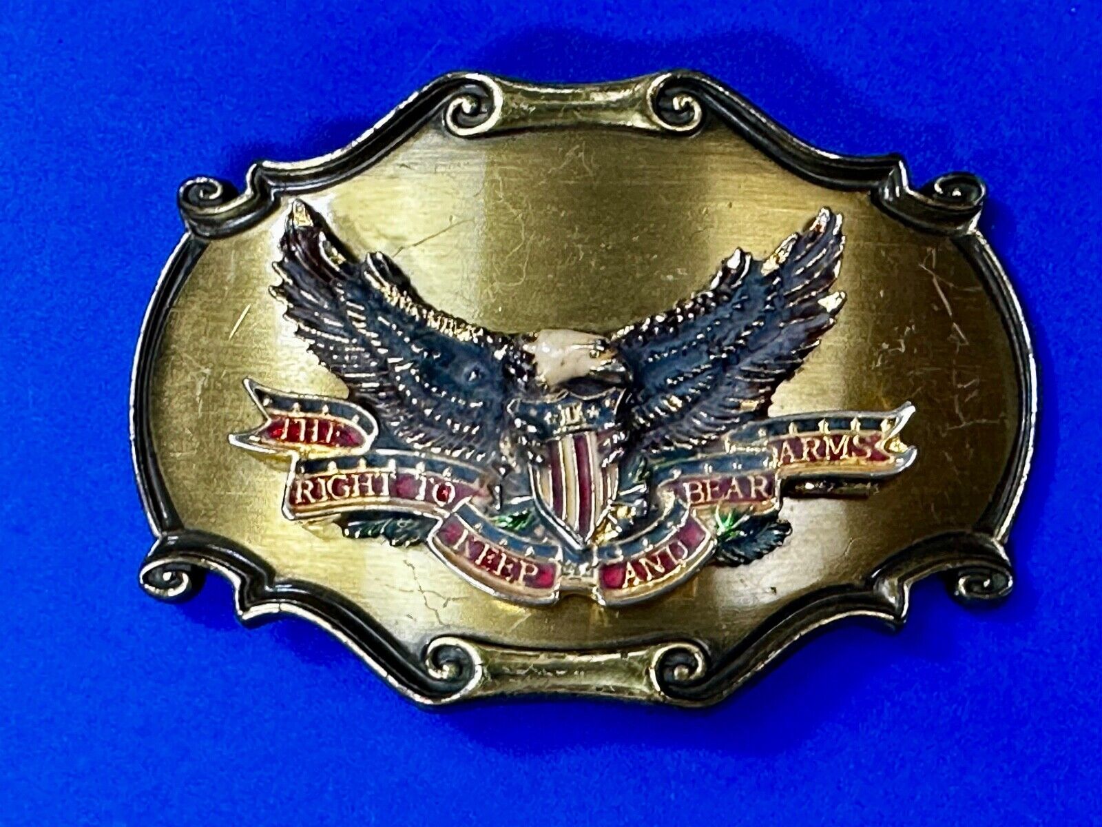 The Right To Keep and Bare Arms VTG 1980 Western Framed Belt Buckle by Rain-Tree