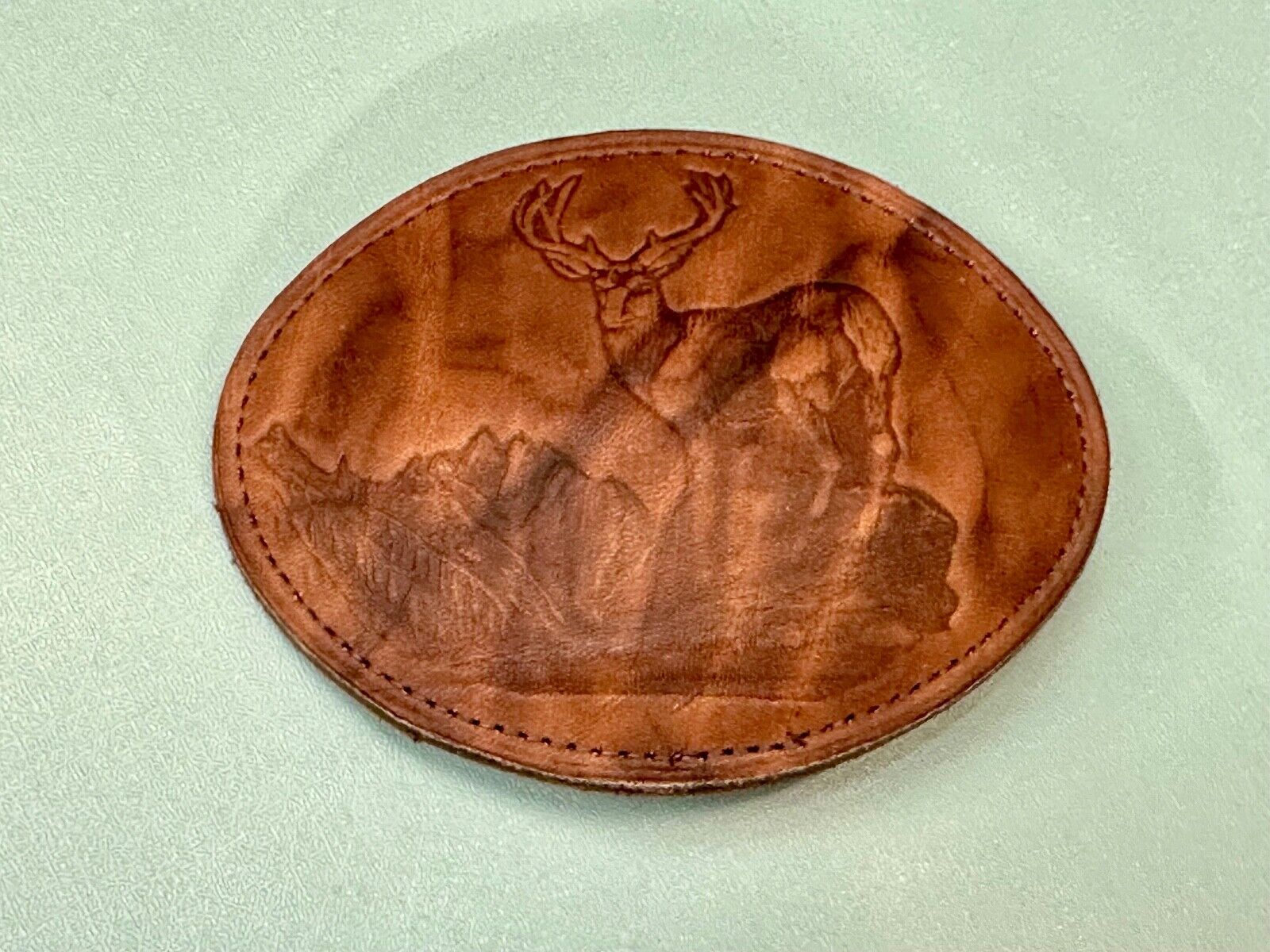 Vintage DEER in Nature, Hunters Leather oval LARGE belt buckle