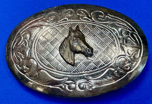 Vintage horse head two tone oval USA made belt buckle