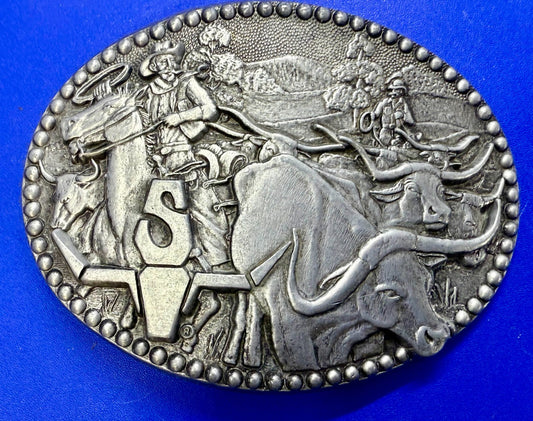 Vintage Cowboy Cattle Drive Belt Buckle 3.75" X 2.75" Pewter Zee Series by ADM