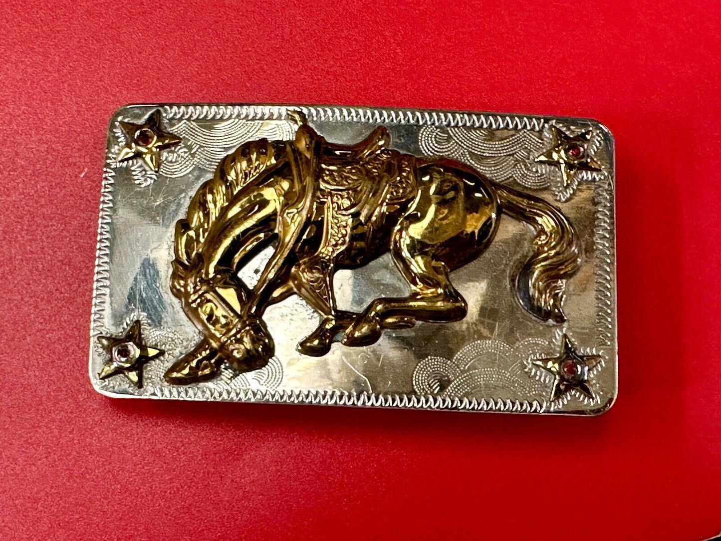 Vintage Horse w/  head down end of the trail Nickel Silver belt buckle w/ Stars