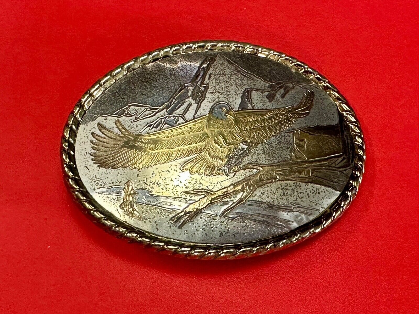 American Eagle Landing on limb perch - Vintage western oval belt buckle marked W