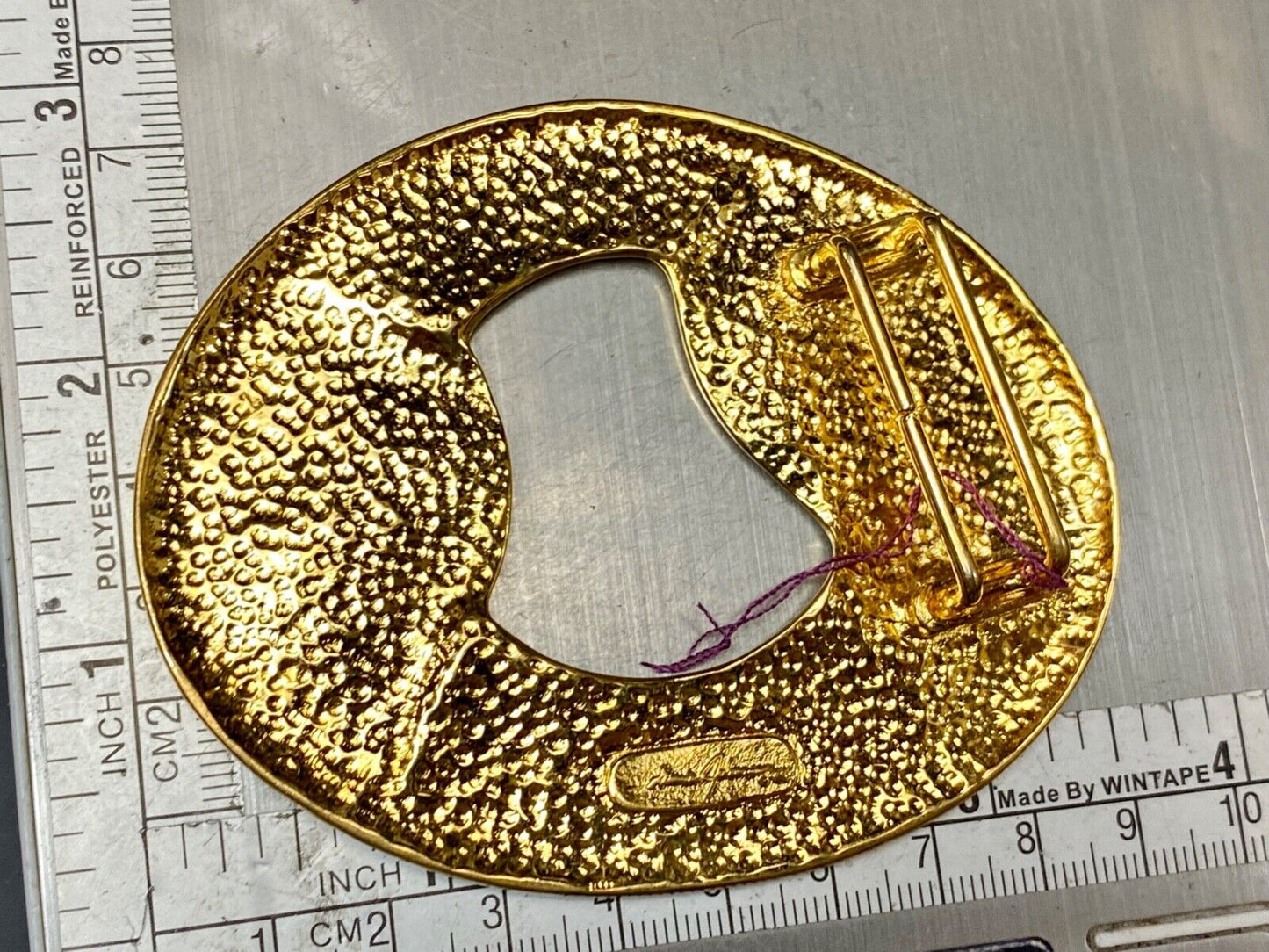 Artist Ginnie Johansen signed gold color abstract oval belt scarf slide