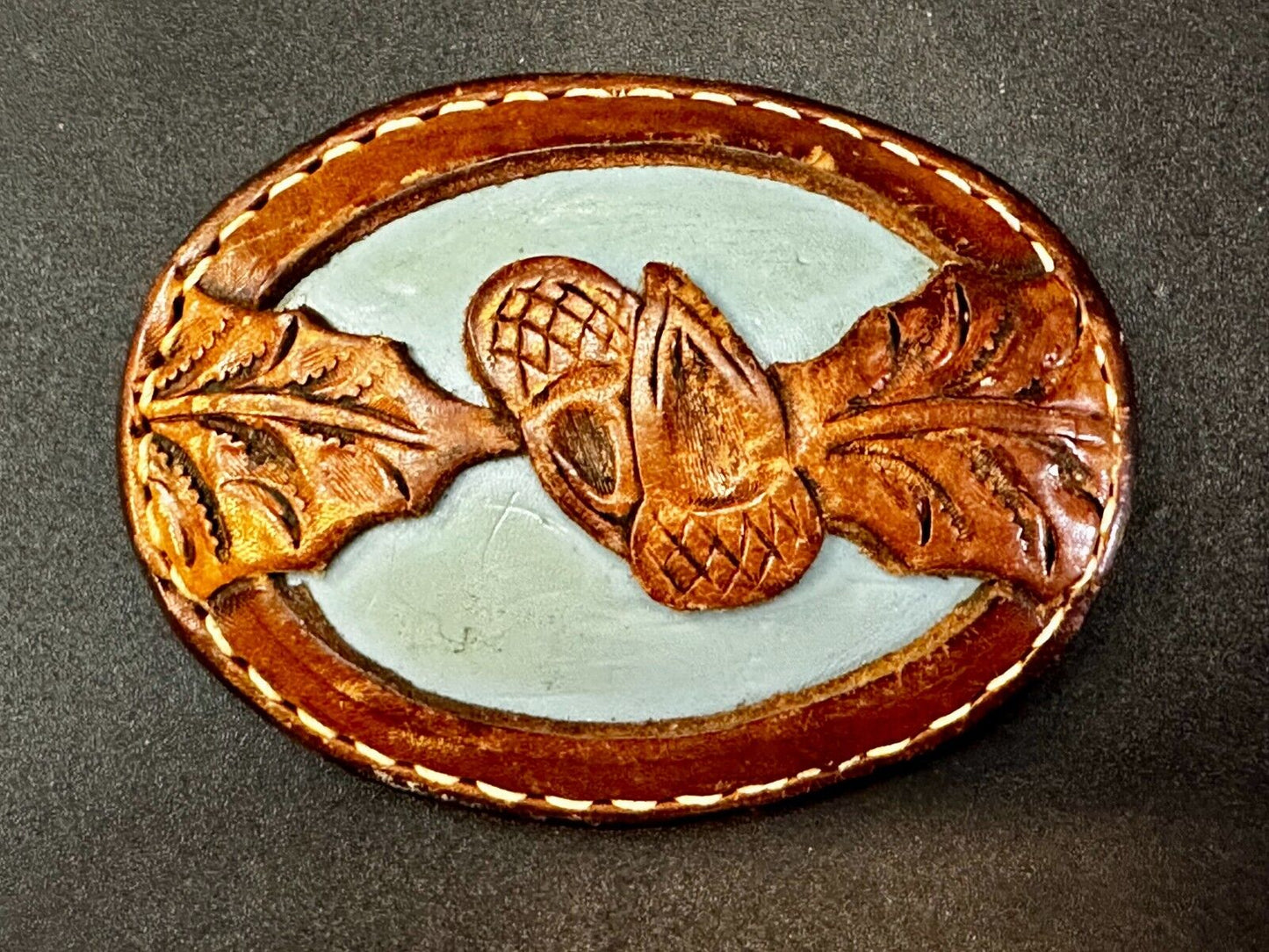 Artisan Hand-Stitched Acorn Leaf Brown Leather 4" Large Unique Belt Buckle
