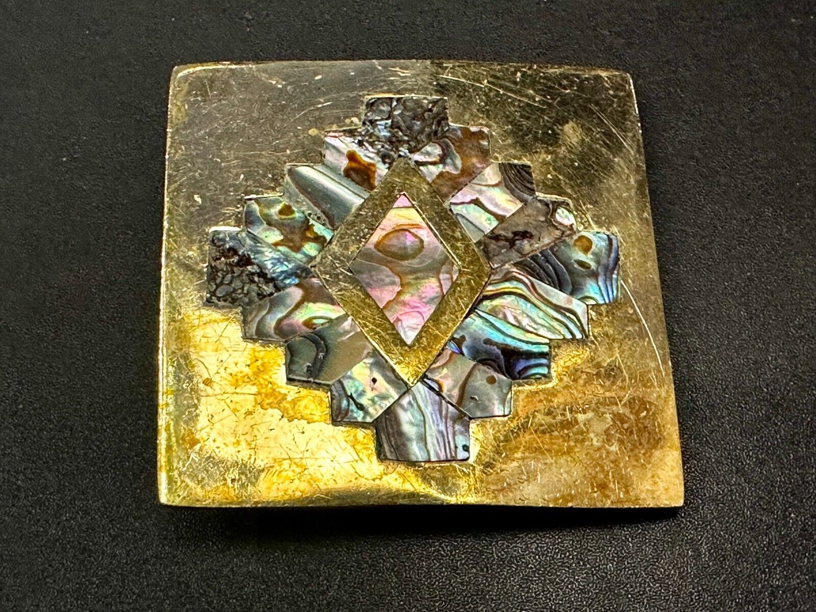 Vintage Inlaid Abalone Shell Into Solid Brass Hippy Vibe Alpaca? Belt Buckle