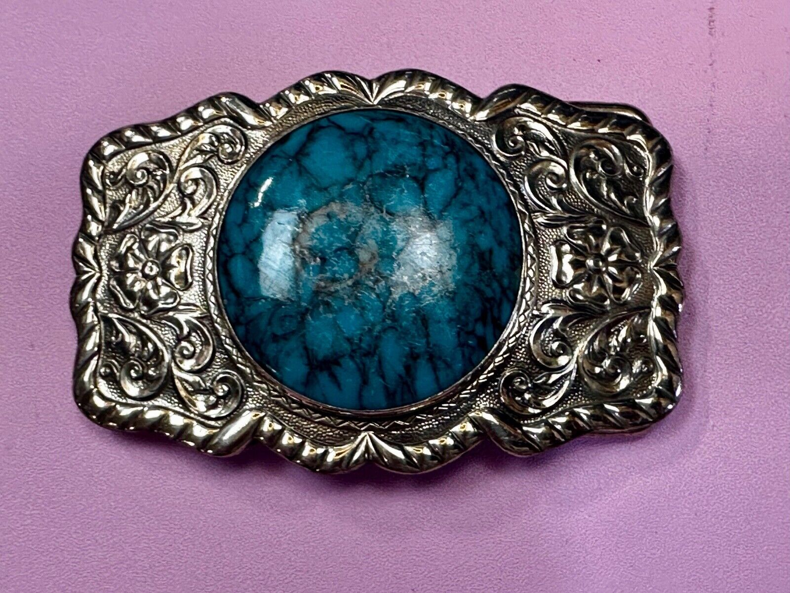 1960s Bell Trading Post Nickel Silver W/ Round Simulated Turquoise Belt Buckle