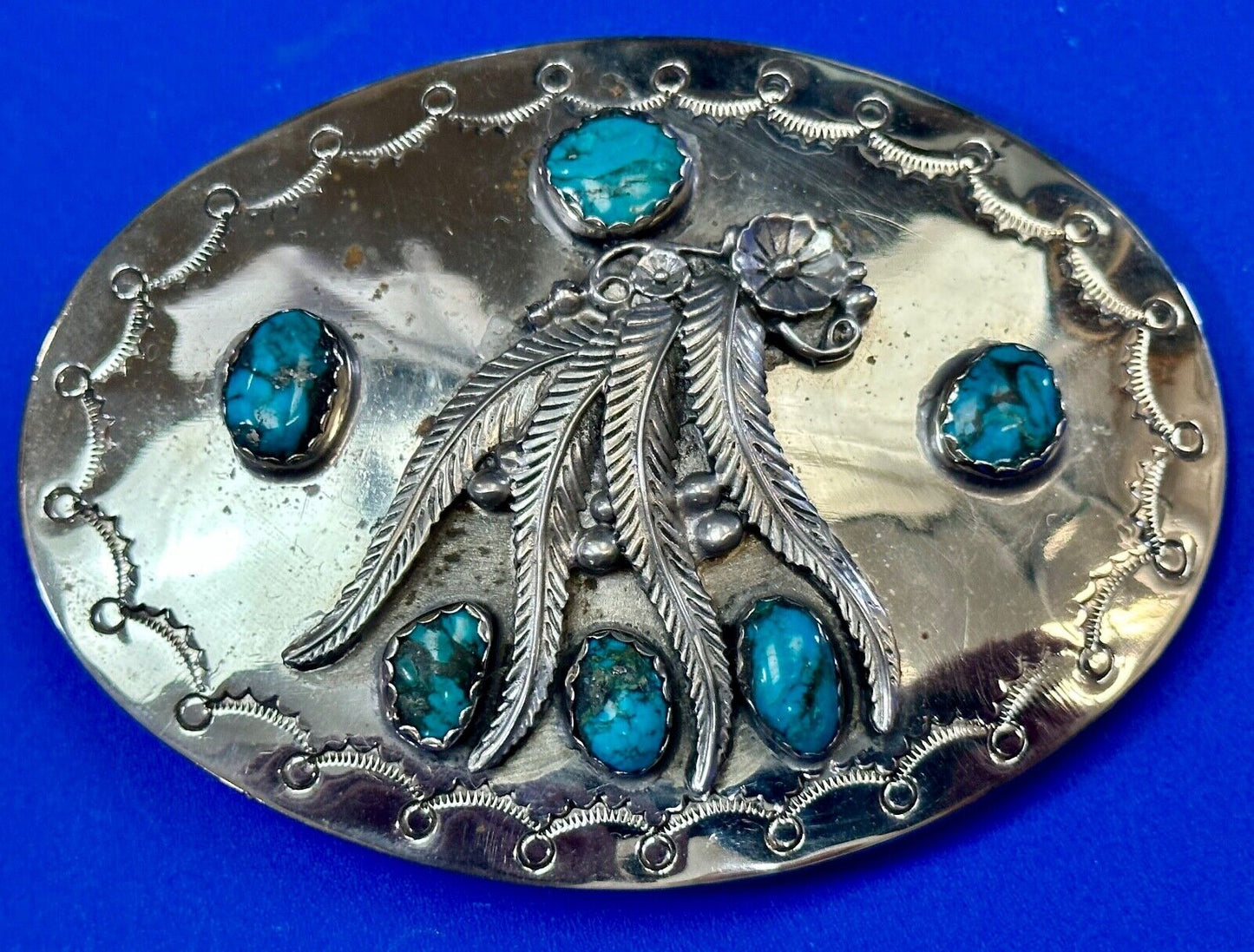 Unique 1980 signed multipal turquoise stones & Feathers belt buckle