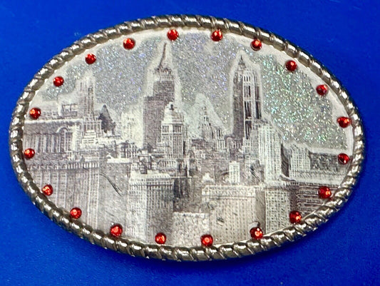 Vintage City Scape Picture Red Rhinestone Accented Oval Belt Buckle
