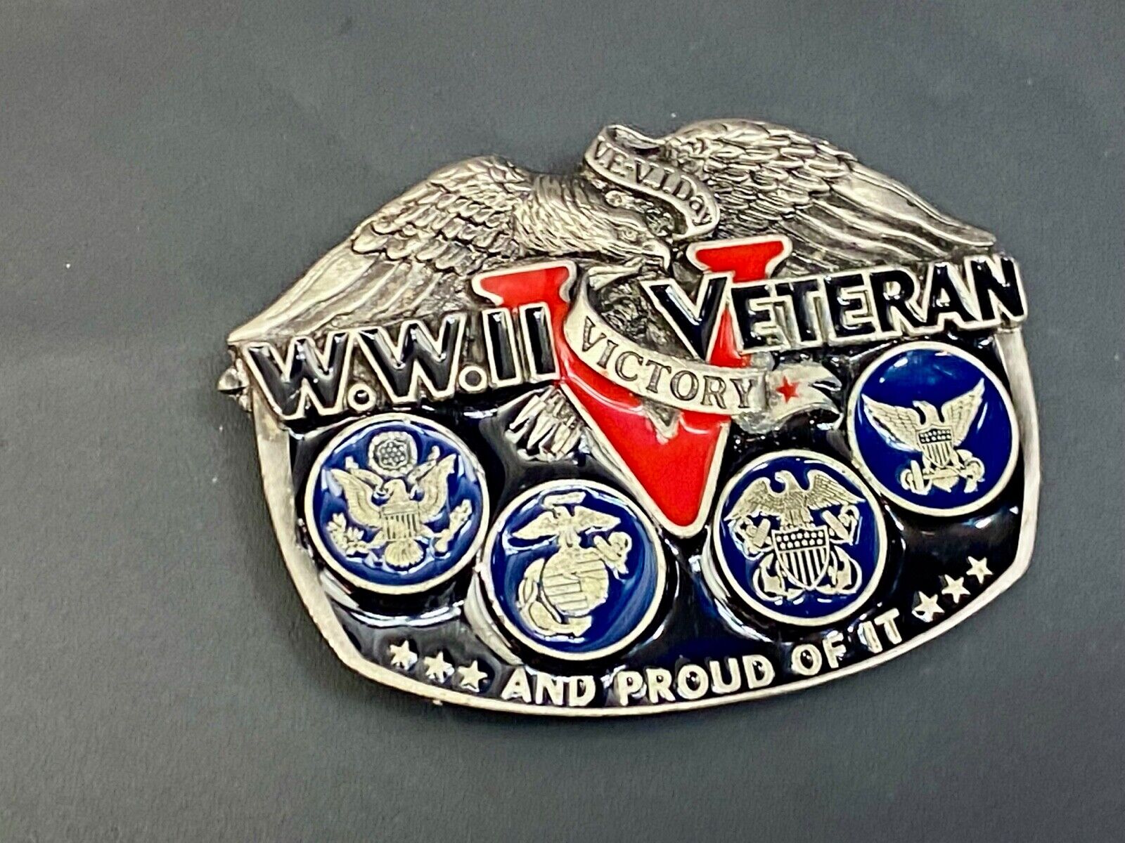 1980 Wold War II WW2 The American Veterans soldier belt buckle and proud of it! 