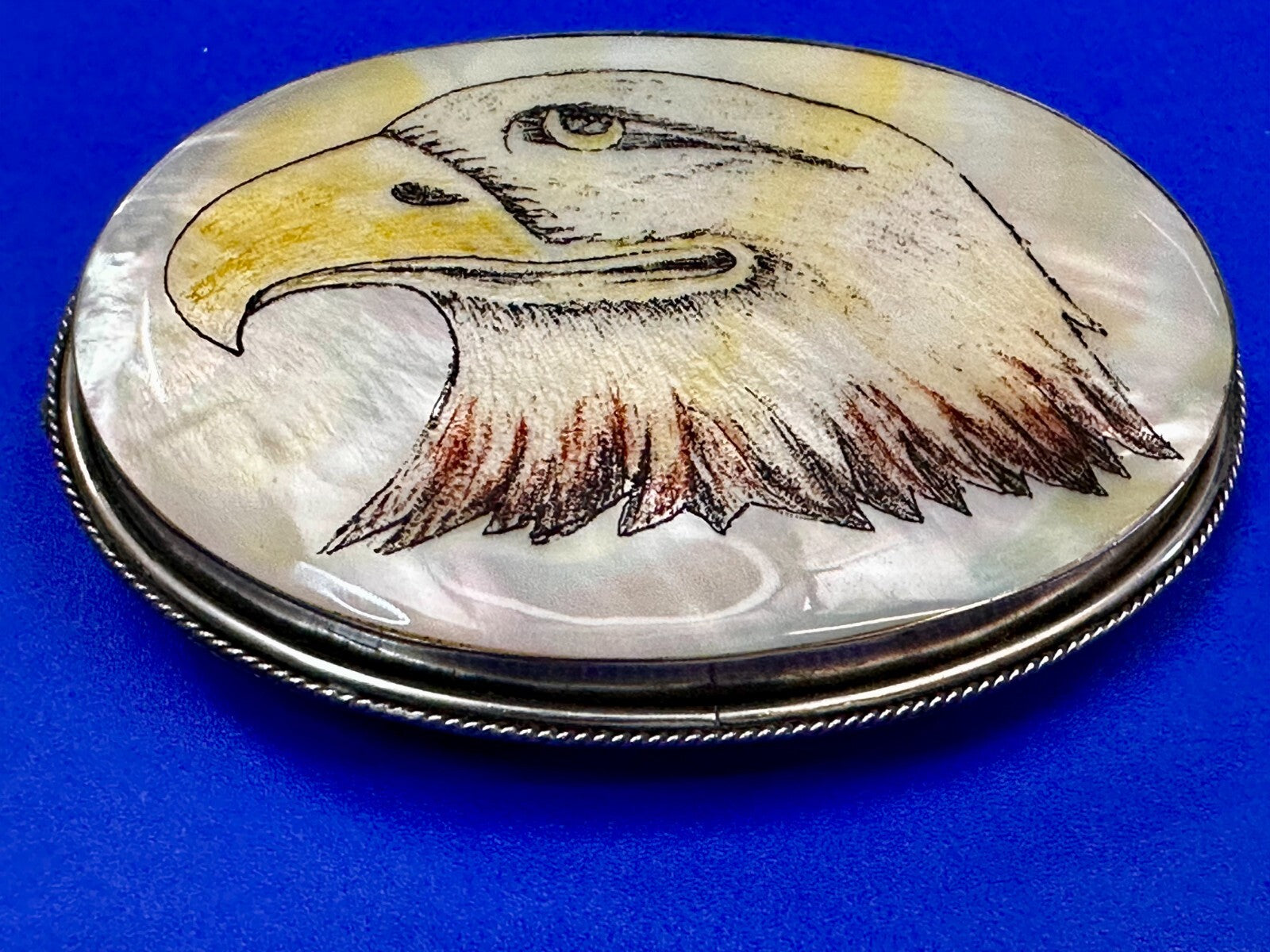 American Bald Eagle Handmade On Mother Of Pearl Shell Belt Buckle - Hallmarked M