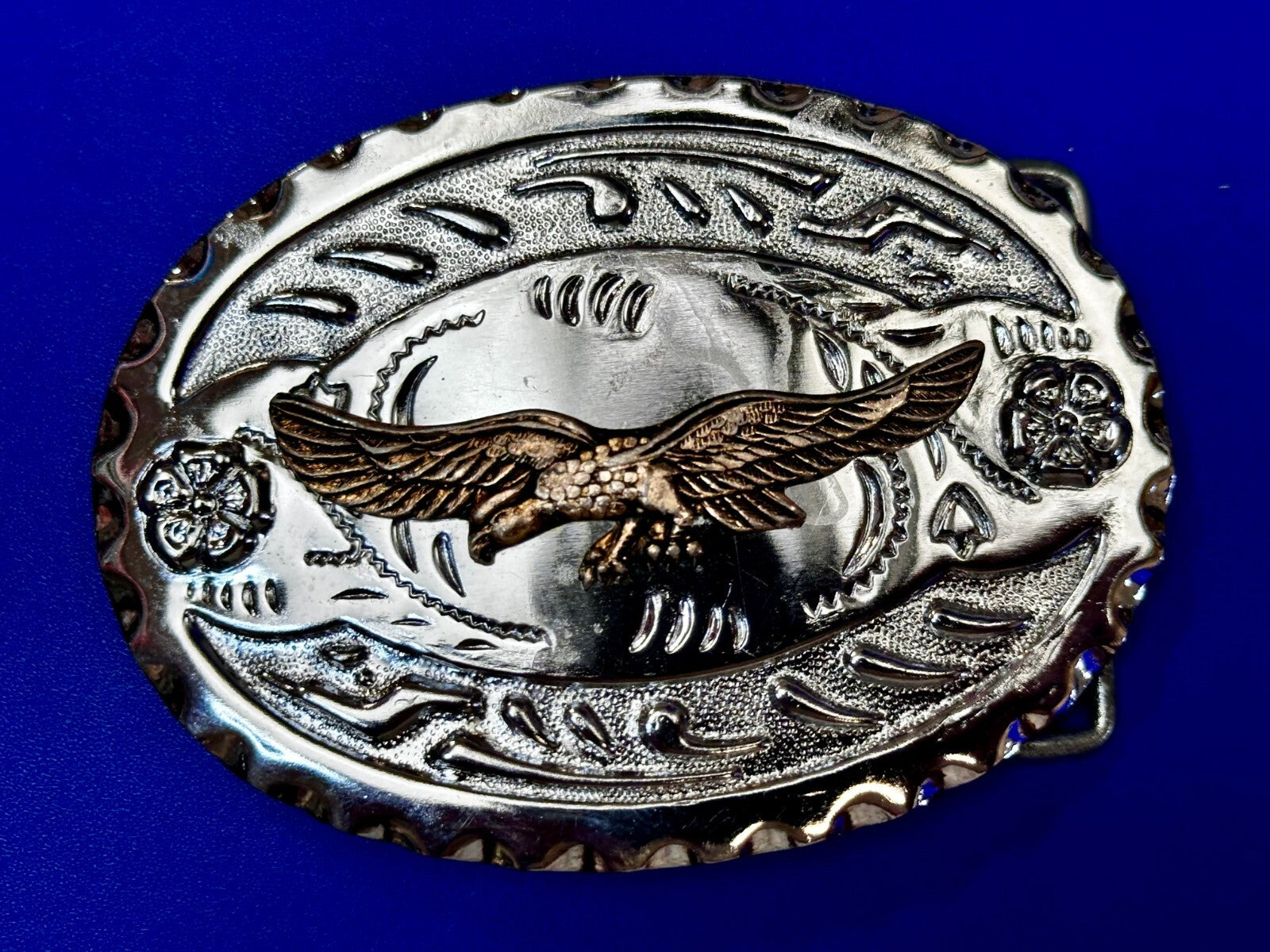 Bald Eagle Flying Hunting Diving American Two Tone Ornate Western Belt Buckle