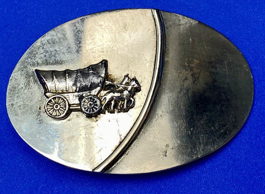 Vintage Horse Drawn Covered Wagon western silver color oval belt buckle
