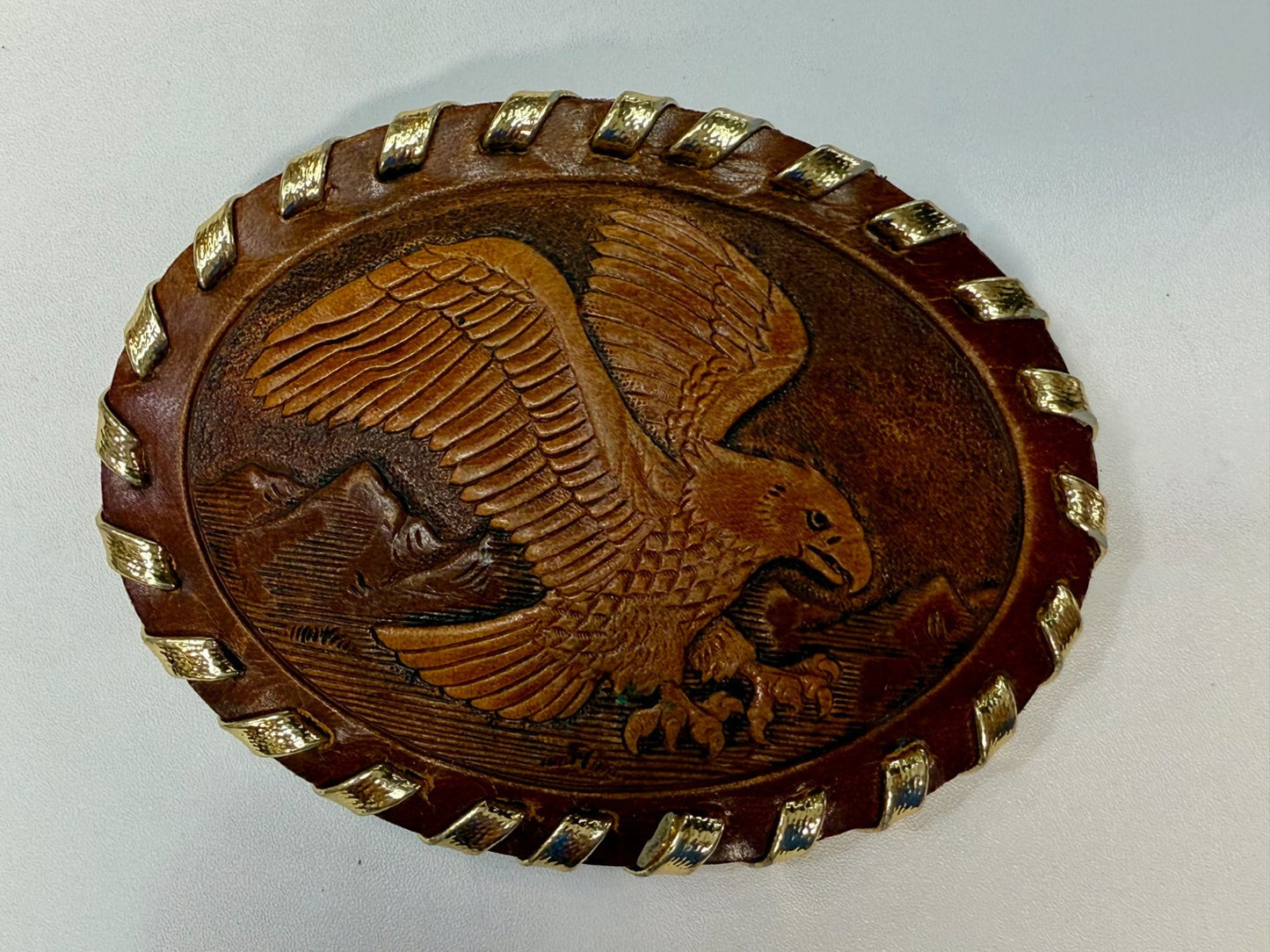 American Bald Eagle Flying Over the Mountain Embossed on Leather Belt Buckle