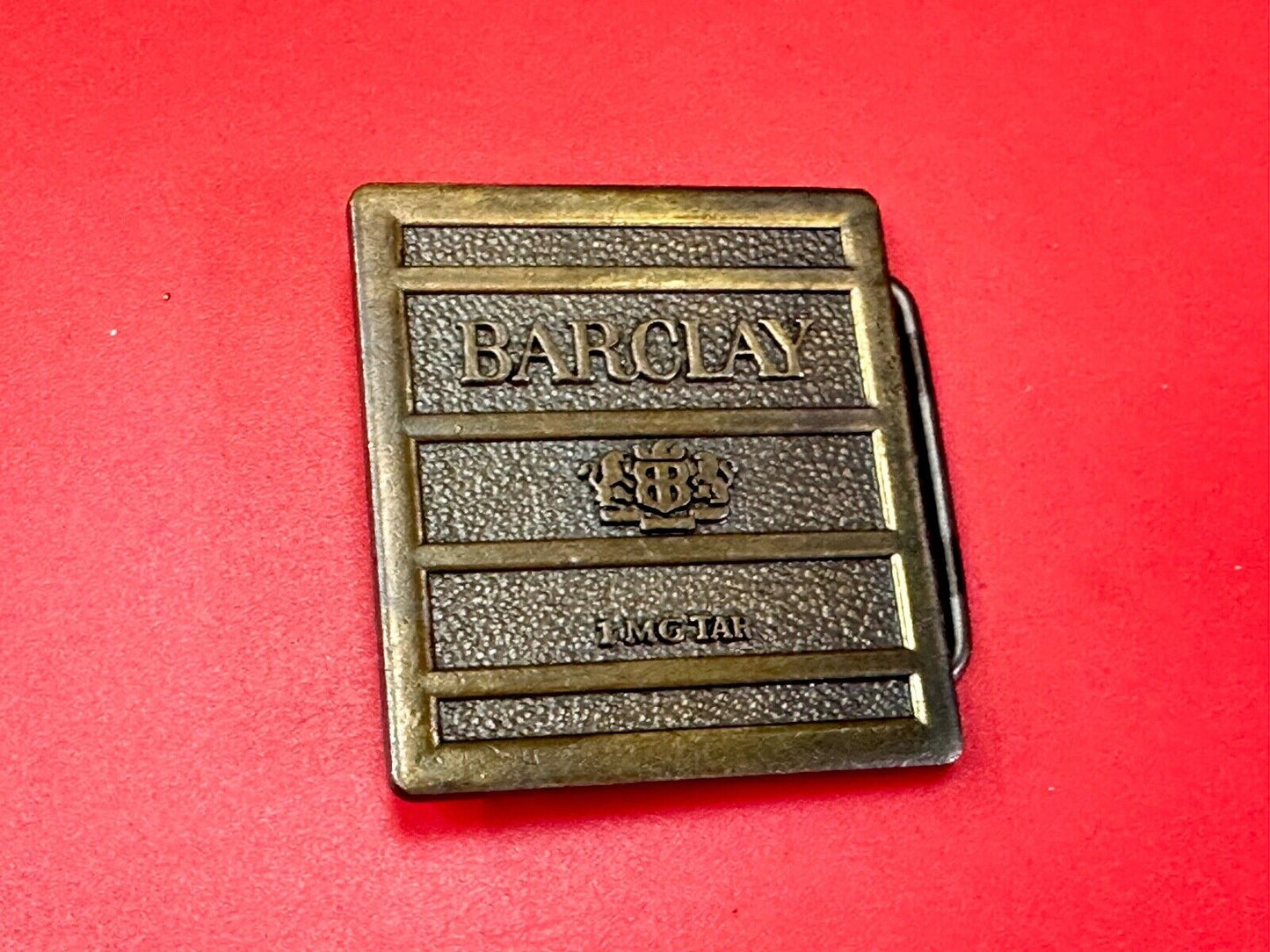 1970's Barclay Cigarettes Tobacciana RJ Reynolds Box Label 1mg Tar belt buckle