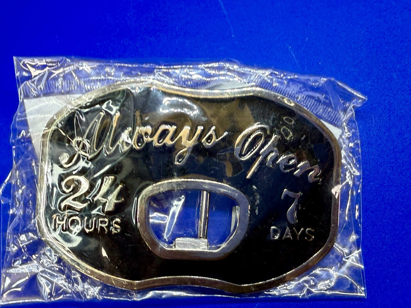 Always Open 24 Hours 7 Days Novelty Statement NOS Belt Buckle & Bottle Opener