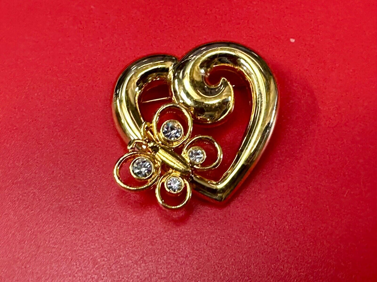 AK Anne Klein signed gold tone heart with rhinestone butterfly Brooch Pin