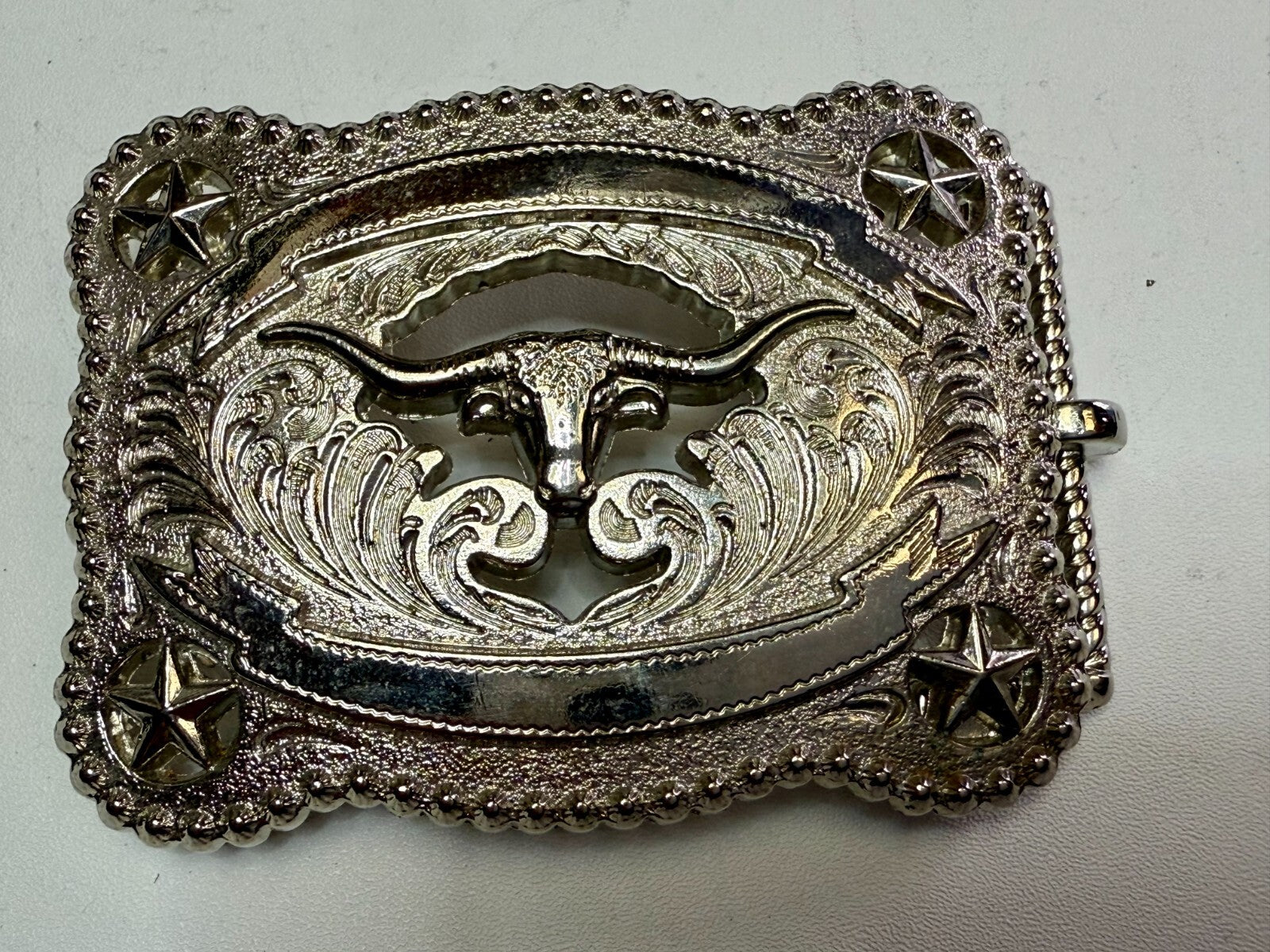 Texas Longhorn Cutout See Through Silver Tone Belt Buckle W/ Stars Award Ribbon