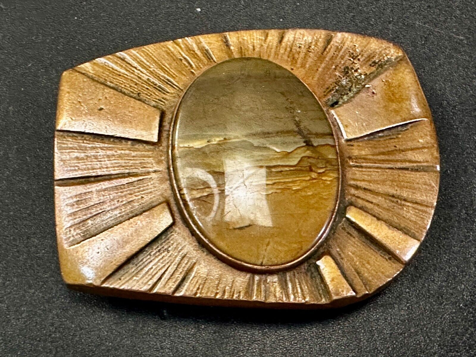 Art Deco Picture Jasper Cabochon Stone In Artisan Hippy Vibe Brass Belt Buckle