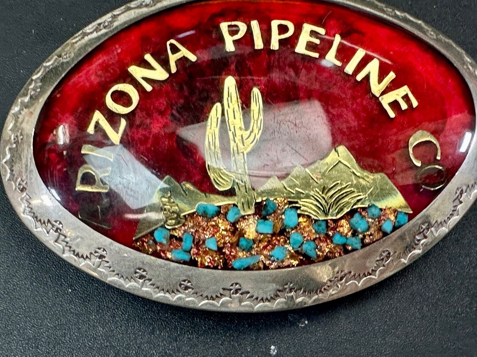 Arizona Pipeline Oil Mine inlaid turquoise Native American hallmark belt buckle