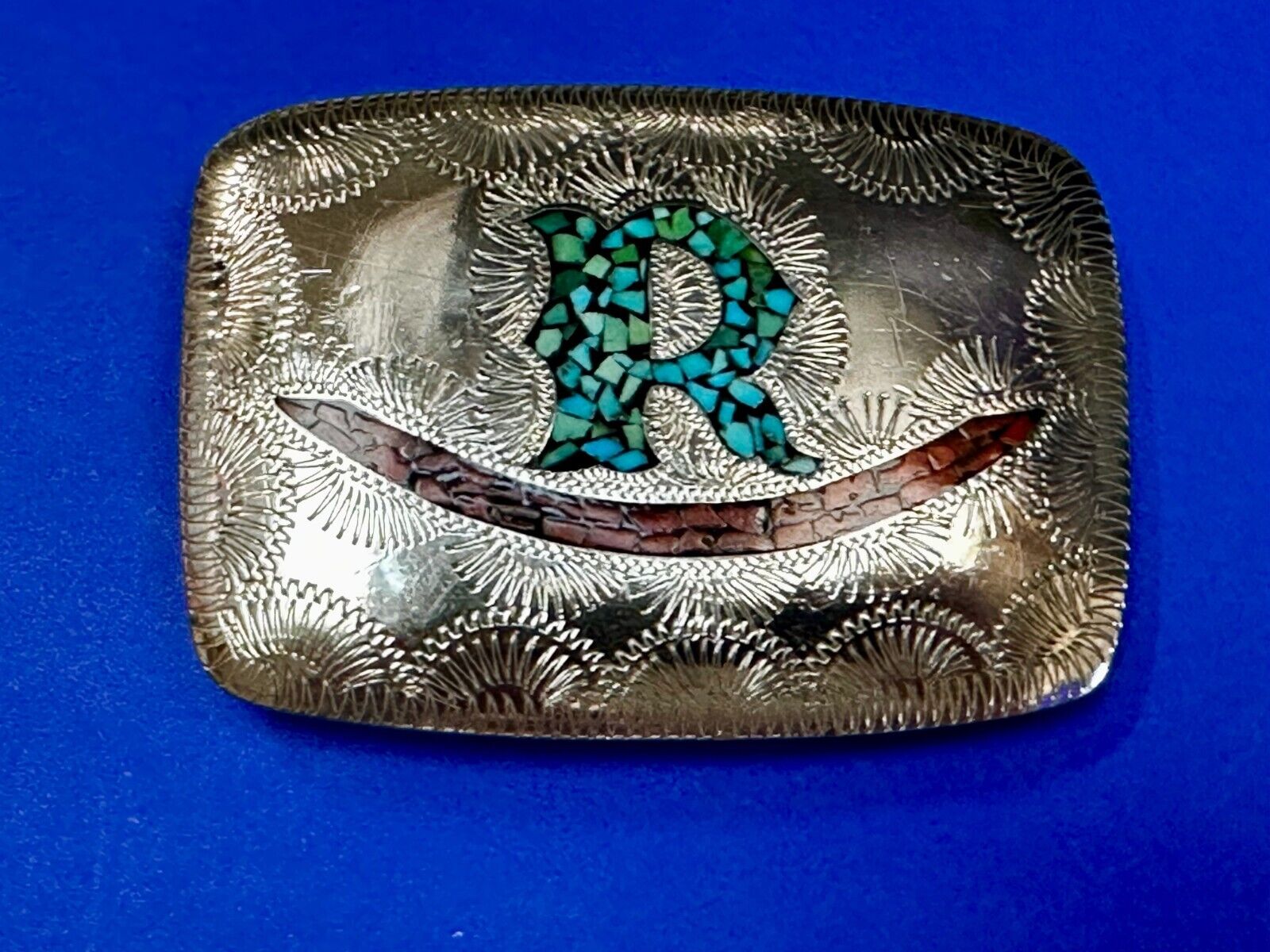 Turquoise & Coral Inlaid Native American Belt Buckle SSH Custom Initial Letter R