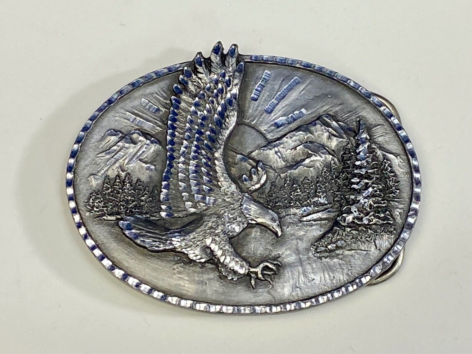 Vintage 1982 Majestic American Eagle Flying Over Mountains Belt Buckle 