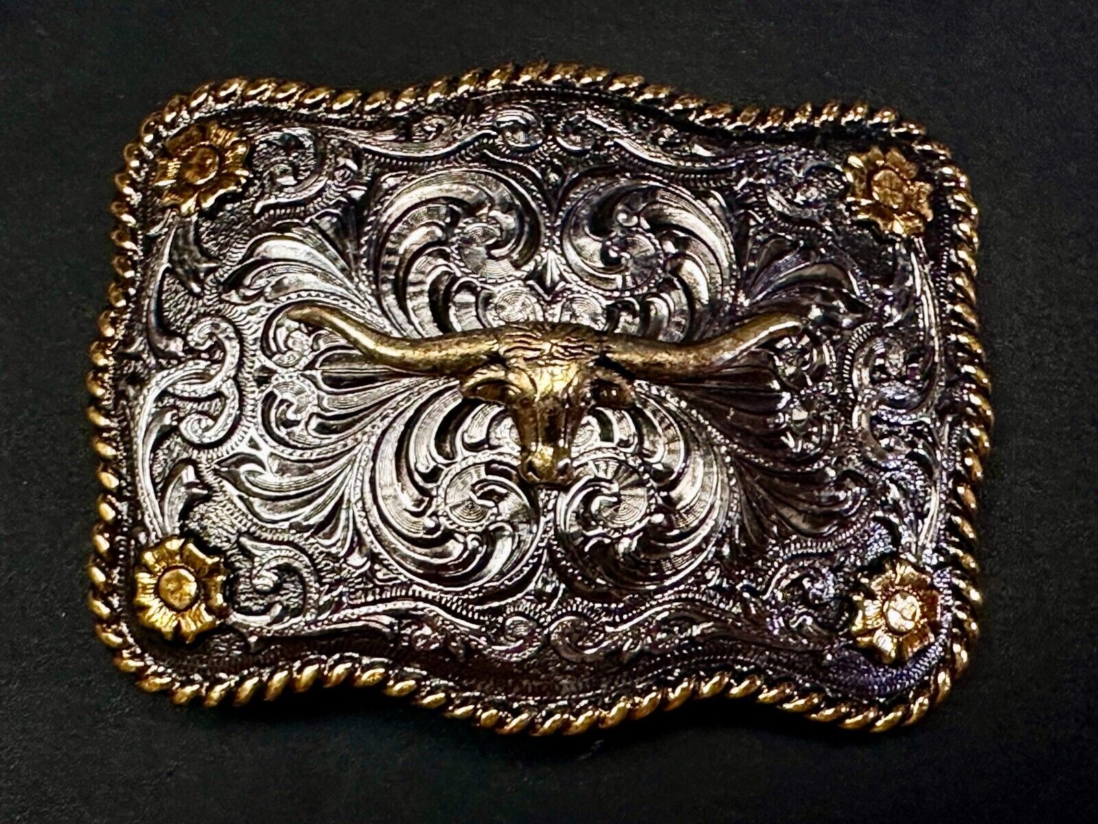 Texas Longhorn Centerpiece Two Tone Ornate Floral Themed Belt Buckle
