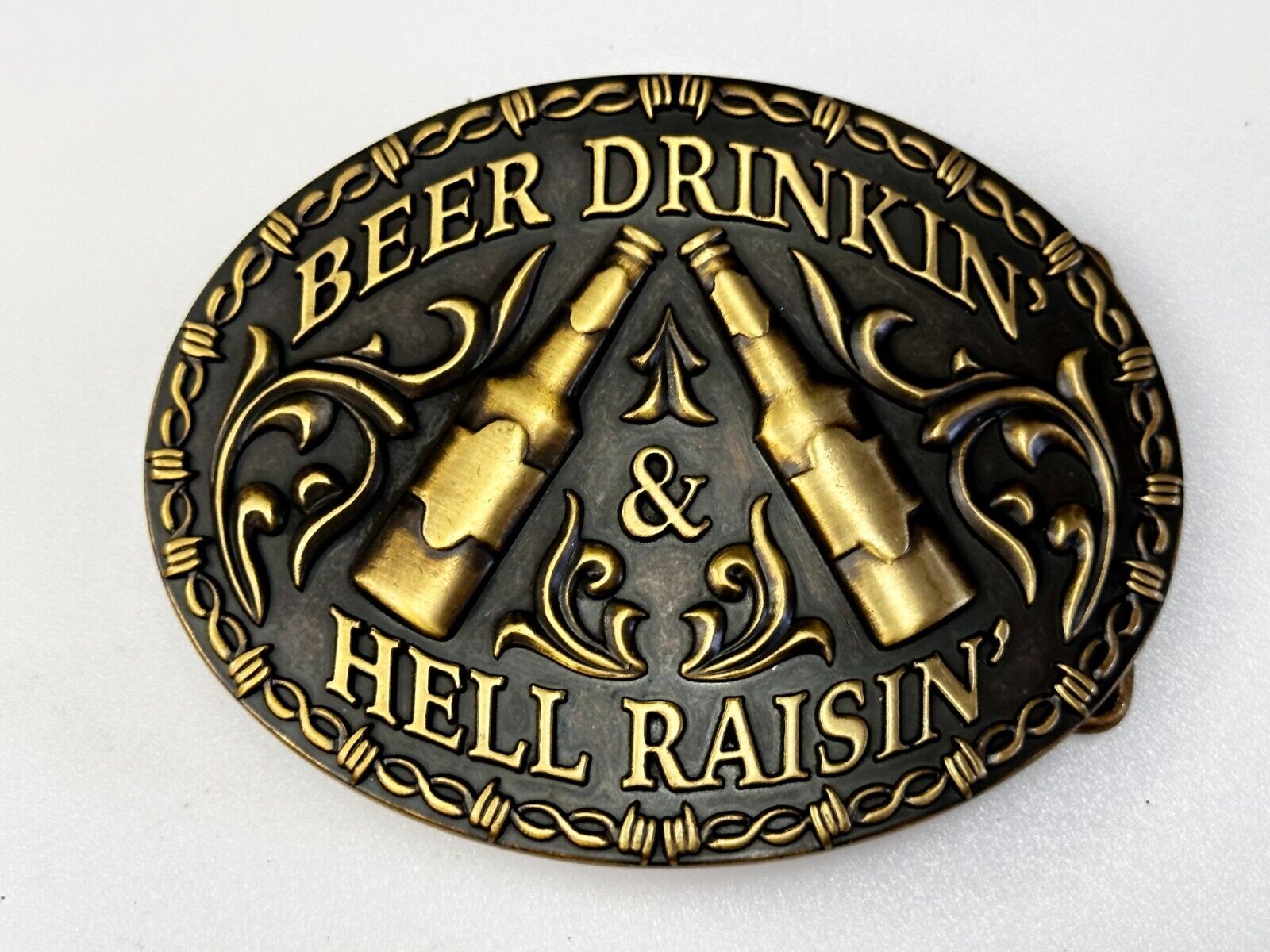 Beer Drinkin Hell Raisin Funny Novelty Barbed Wire Border Western Belt Buckle