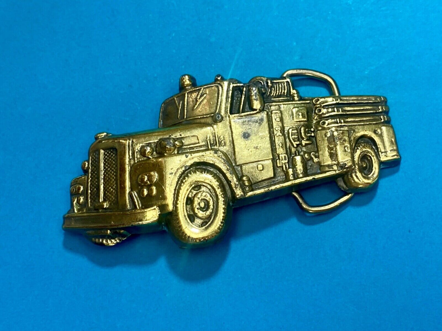 Vintage Figural Fire Truck cut out brass belt buckle